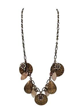 Liz Palacios Hammered Disc Copper Pearls, Pink Crystal, Rhinestone Necklace L470